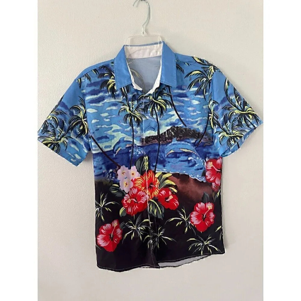 Palmwave Men's S Button Up Short Sleeve Hawaiian Shirt Flowers Palms Small